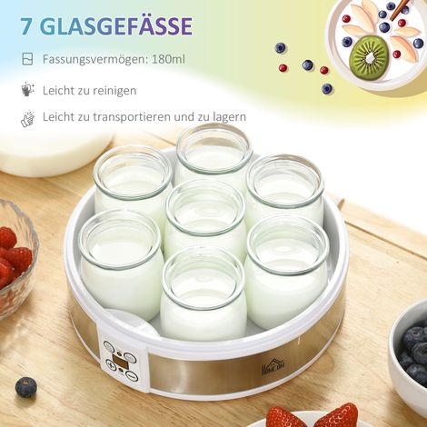 Yaourtière électrique en acier inoxydable avec 7 pots en verre, 24 x 24 x 13 cm, argent et blanc (1/5)