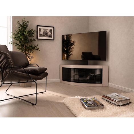 Centurion Supports PANGEA Black/Greige Beam-Thru Curved True-Corner 32"-50" TV Cabinet with Mounting Arm