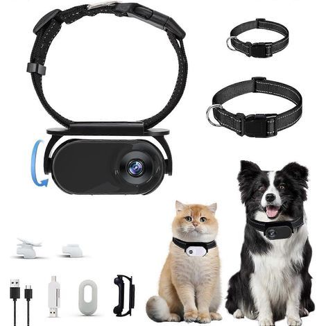 Collier caméra pour chat 1080p, caméra vidéo pour chat et chien, mini caméra d'action sans fil HD rotative à 360° (noire) (1/5)