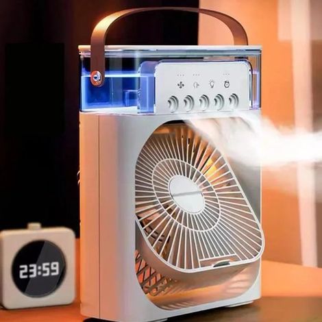 Umidificatore portatile, mini raffrescatore evaporativo con luce notturna a LED e ventilatore nebulizzatore d'acqua per uso domestico, bianco. (1/5)