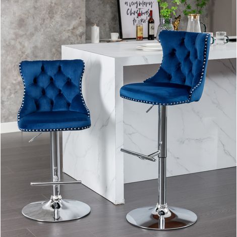 REDOM - Lot de 2 chaise de bar pivotante réglable, siège ergonomique avec soutien lombaire, velours bleu (1/5)
