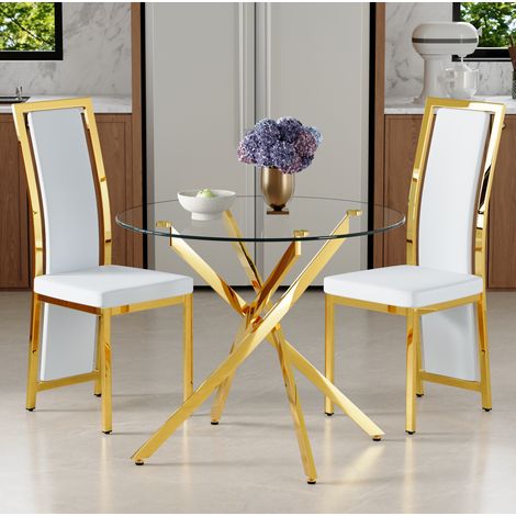 Conjunto de mesa de comedor redonda con 2 sillas, 88x88x75 cm, vidrio templado, metal, PU blanco y dorado (1/5)