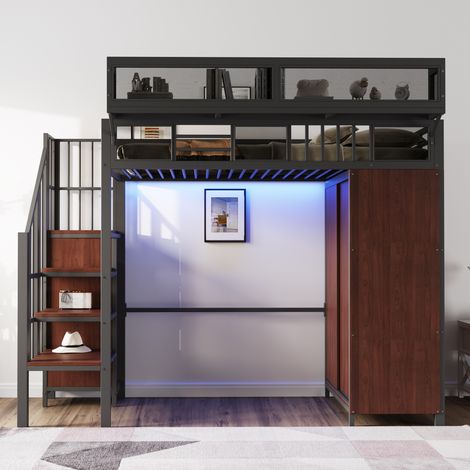Hochbett aus Metall und Holz schwarz 90x200 cm mit Kleiderschrank, LED, Stauraumleiter und Schutzgitter (1/5)