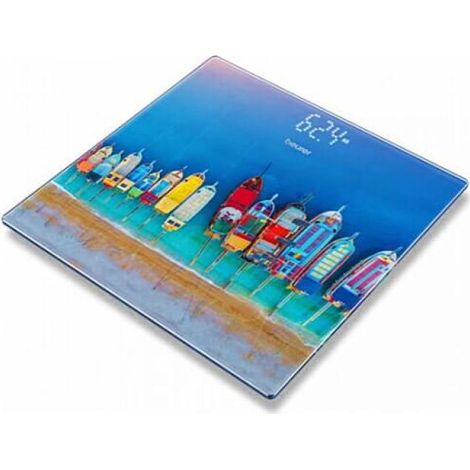 Báscula de baño eléctrica Beurer con pantalla de 180 kg y barquitos de cristal multicolor