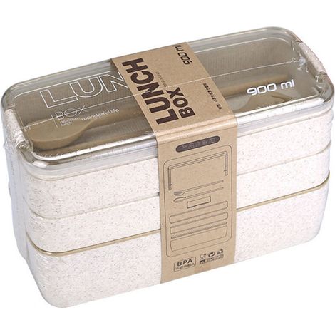 boîte à bento, boîte à bento à trois étages 900 mlPaille de blé écologique, avec fourchette et cuillère (1/5)