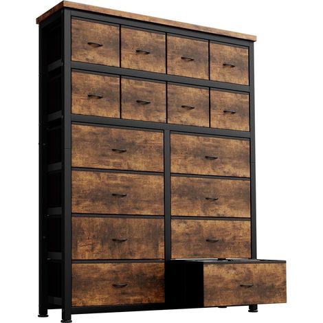 Commode 16 Tiroirs en Tissu Marron - Meuble de Rangement avec Cadre Métal et Plateau Bois - Organisateur pour Chambre, Salon et Couloir (1/5)