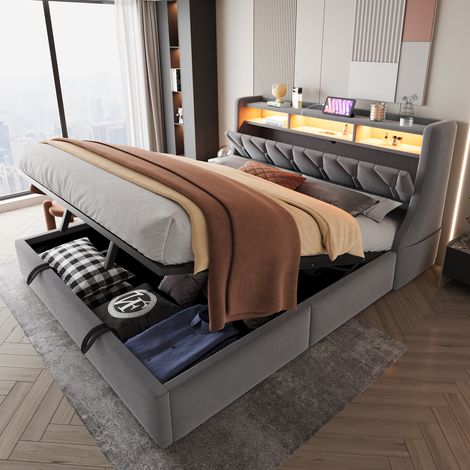 Lit coffre hydraulique 180x200 cm gris foncé en velours, lit double LED appli avec tête rangement, USB Type-C, sommier lattes (1/5)