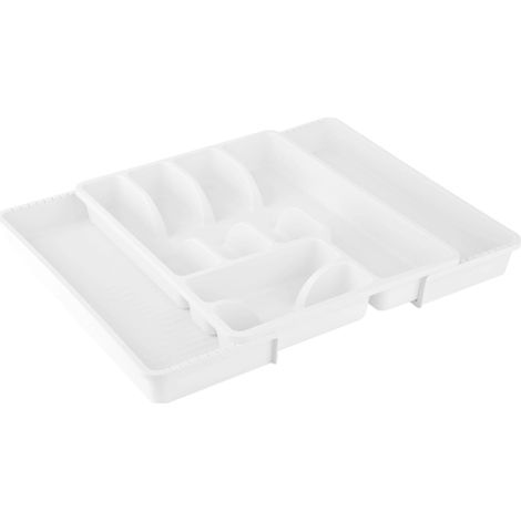 1 range-couverts réglable blanc, panier à couverts avec 8 compartiments, en plastique, sans BPA, porte-couverts, range-couverts pour tiroirs de cuisine, dimensions : 29-51 x 38 x 5 cm (1/5)
