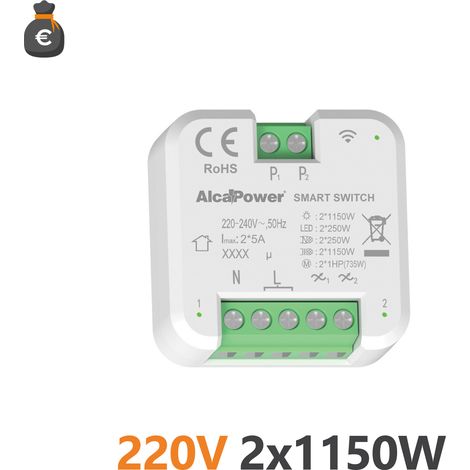 Alcapower Smart Switch 220-240V AC Doppio Canale 2x1150W Modulo Domotico Intelligente per Carichi Resistivi e Induttivi Dimensioni Compatte 44x44x22mm