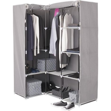 Eckkleiderschrank aus Metall und grauem Stoff mit zwölf Einlegeböden 131x87,5x h169 cm (1/7)