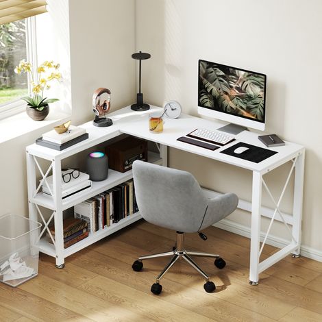 Escritorio esquinero modular reversible, con espacio de almacenamiento, estante, estructura metálica, 135x110x75cm, blanco