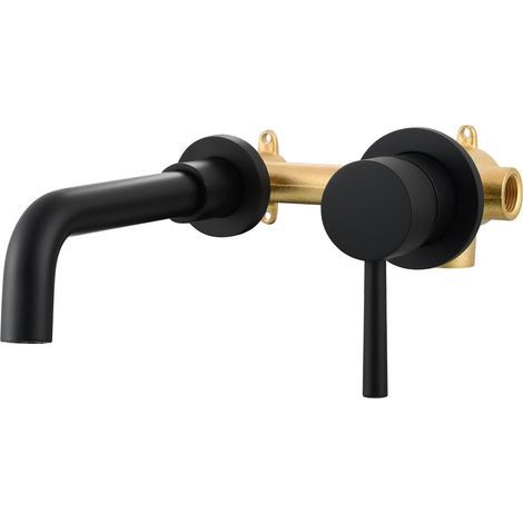 Mitigeur Lavabo Noir 2 Trous Robinet Mural Encastré en Laiton Eau Chaude et Froide pour Salle de Bain (1/5)