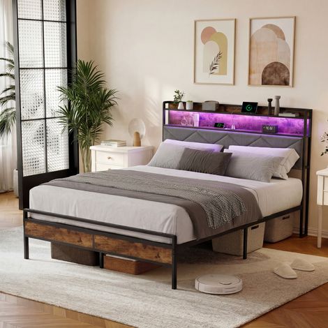 JOOKGBD–Doppelbett gepolstert 140x200 cm,Jugendbett,Bett mit Stauraum,LED-Beleuchtung und USB-Anschluss,Metall-Lattenrost,Bezug aus Leinen,Grau