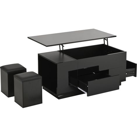 GagaTable basse 100x50x45 cm 4-en-1 réglable en hauteur avec LED, 2 tiroirs, finition brillante, avec canapé et 2 tabourets, rangement caché, charge jusqu'à 50 kg, Noir (1/5)