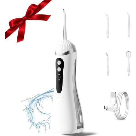 Jet Dentaire Hydropulseur Portable Sans Fil, 4 Buses 3 Modes USB Chargé Étanche IPX7, 200 ML, Dentaire Sans Fil Portable Water Flosser, ultra-fin de 0,6 mm, Pour La Maison et Les Voyages, Blanc (1/5)