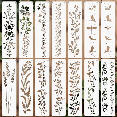 BUNTHAUS 14pièces Pochoirs pour Peinture Réutilisable, 30x7.62cm Pochoir pour Dessin en Plastique Plantes Bricolage Bois Mur Maison Décor (1/5)