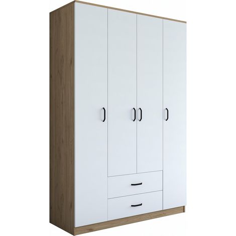 Armoire 4 portes et 2 tiroirs Colibris L140xH210cm Bois clair et Blanc (1/5)