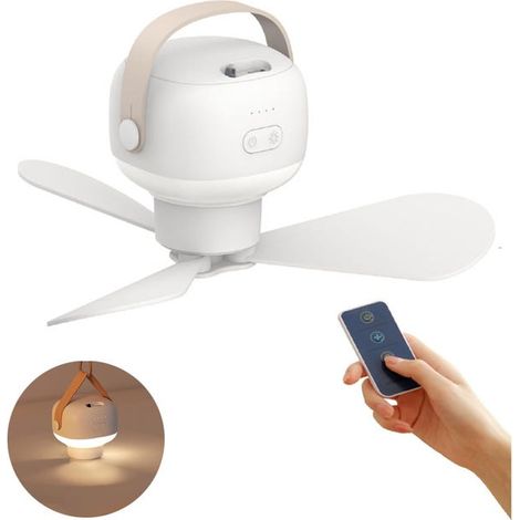 Bomclap Ventilateur USB Rechargeable - Ventilateur Plafond avec LED Lumière - 3 Vitesses - Pour Maison, Camping, Voyage - Design Mini (15x9x19cm) (1/5)
