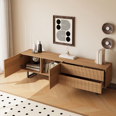 Meuble TV moderne, support mural pour téléviseur, panneau TV design unique avec texture 3D. Dimensions 180 x 38 x 51,5 cm (L x P x H). (1/5)