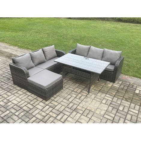 Fimous Rattan Gartenmöbel-Set mit Langer rechteckiger Esstisch Großer Fußhocker 4 Stücke Outdoor Garten Sofa Set Dunkelgrau gemischt