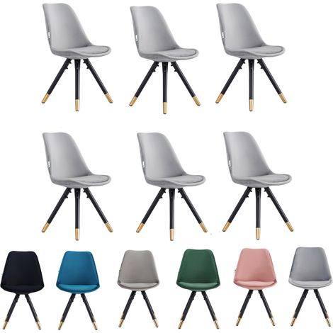 Set of 6 Light Grey Sofia Ergonomic Modern Dining Chairs Upholstered in Velvet, Metal Legs with Gold End Tips (1/5)