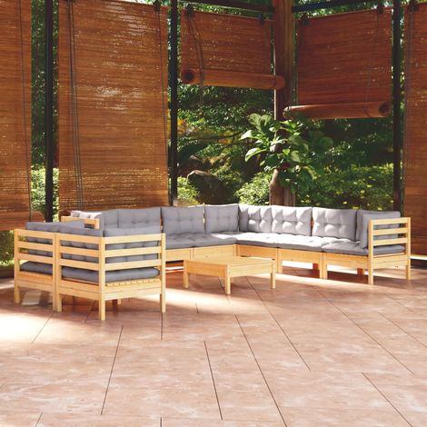 INLIFE Salon de jardin 10 pcs avec coussins gris Bois de pin massif (1/5)