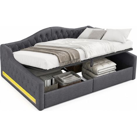 CHICFURN lit de jour rembourré avec rangement et LED gris 140 x 200 (1/5)