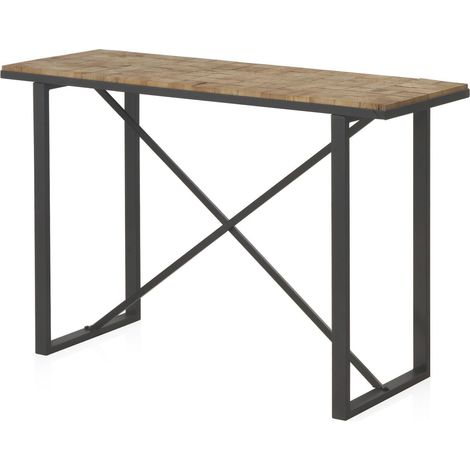 console en bois naturel avec base métal et finition texturée - bois naturel et métal noir