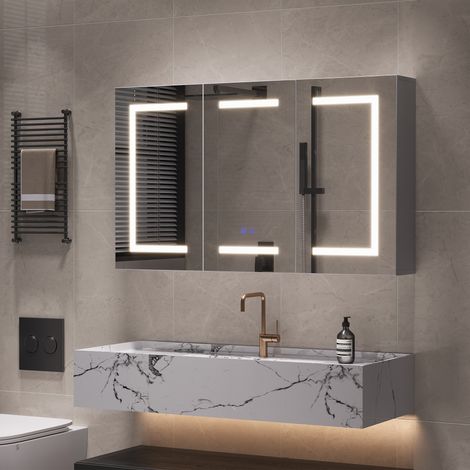 Armario de baño con espejo, Armario de tocador con espejo de 3 puertas con iluminación LED 3 colores, función antivaho, enchufe eléctrico EU integrado, estantes regulables, diseño moderno