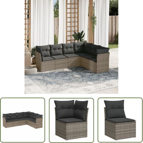 The Living Store 6-tlg. Garten-Sofagarnitur mit Kissen Grau Poly Rattan - Gartengeset - Gartenmöbelset - Rattan Möbel - Lounge Set - Terrassenmöbel (1/5)