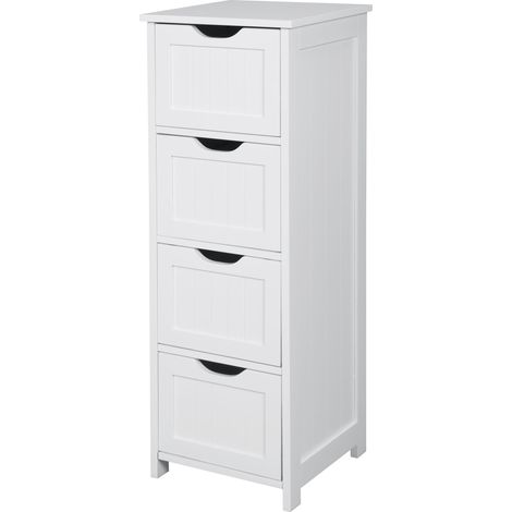 Woltu – Meuble colonne de salle de bain sur pied – 4 tiroirs – Dimensions 30x30x82 cm – MDF et bambou – Finition blanche
