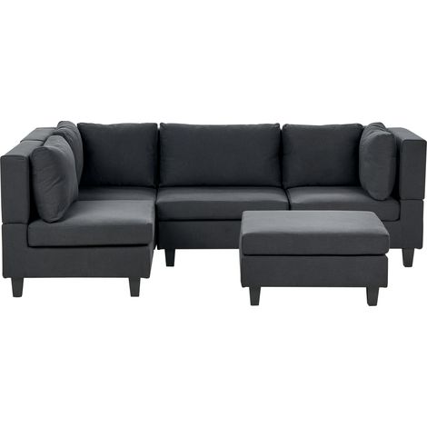 Sofá modular esquinero moderno 4 plazas tapizado tela patas negras respaldo acolchado derecho con otomana negro Unstad