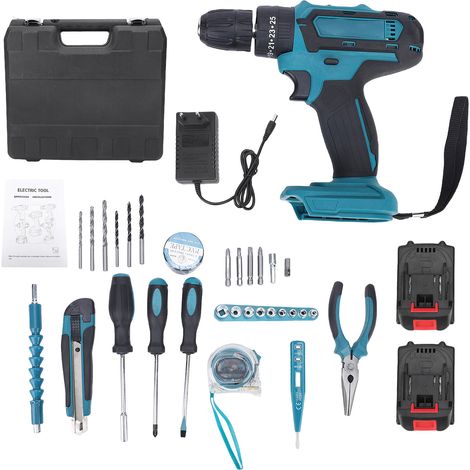 Cordless Drill 21V Impact Driver Kit 3in1 Power Tools 35N.m Max. Torque 1280RPM Stepless Speed Control Support Φ10mm Drilling with 2 Batteries LED Work Light Handheld Electric Screwdriver EU Plug 100-