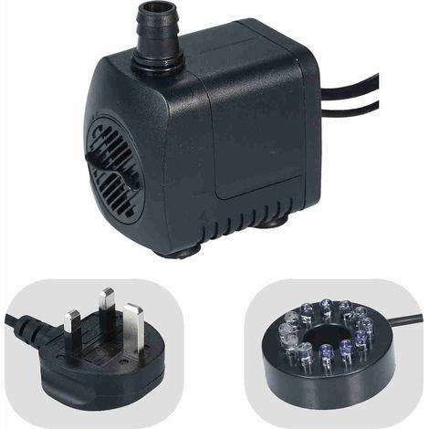 Pompe submersible avec éclairage LED 800 L/h, ultra-silencieuse, pour aquarium, bassin, piscine et fontaine (prise britannique). (1/5)