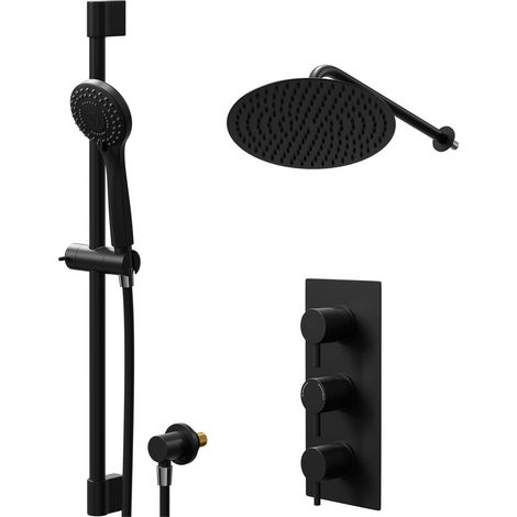 Colore Round Matt Black Concealed Triple Thermostatic Shower Valve and 300mm Thin Round Fixed Head with Wall Arm and Round Slide Rail Kit with Round Elbow - 2 Outlet (1/5)