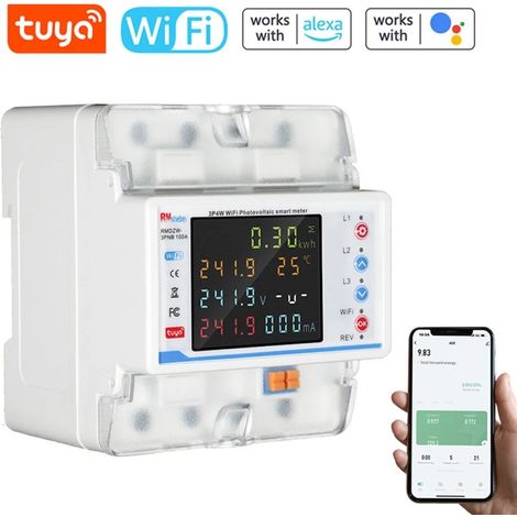 Compteur d'énergie intelligent WiFi Tuya 3P4W 100A – Moniteur photovoltaïque (kWh) avec contrôle à distance via application – Compatible Alexa et Google Home– Équipé d'une fonction de protection contr (1/5)