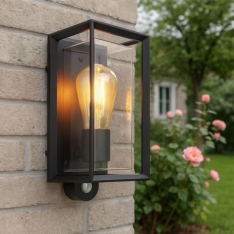Außenwandlampe Haustürleuchte Gartenlampe Bewegungsmelder schwarz klar H 28 cm