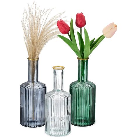 Jarrón decorativo de cristal, juego de 3, decoración del hogar, alto x diámetro: 20,5 x 8 cm, botellas, con ranuras, colorido (1/5)
