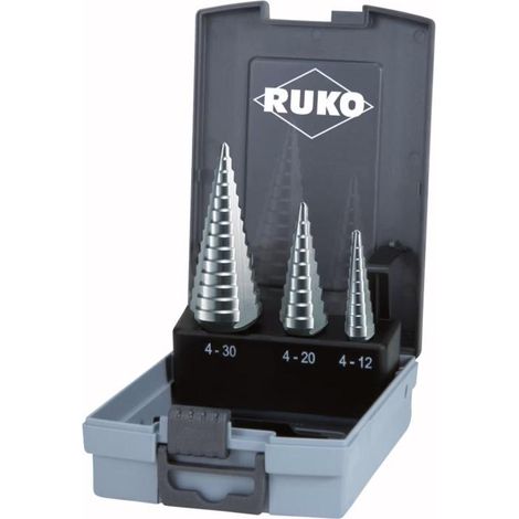 RUKO  Juego  de  brocas  escalonadas  HSS  con  3  filos  en  los  tamaños  0/9,  1,  2  en  estuche  de  plástico  -  3  piezas  -  101326RO (1/4)