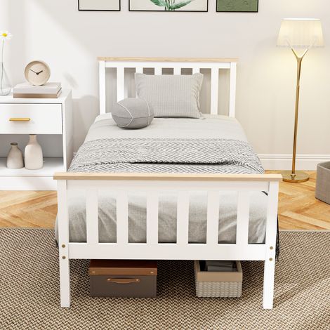 Cadre de lit simple, bois naturel, rangement inférieur, cadre de lit en bois, blanc (1/5)