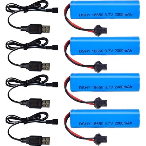 Paquete de 4 baterías RC, batería recargable de iones de litio de 3,7 V y 1800 mAh con cable de carga USB y conector SM-2P, batería de litio 18650 para coches RC, camiones RC y robots RC.