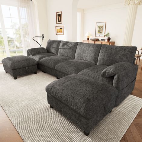 Canapé d'angle modulaire en U/L avec 2 tabourets de rangement, port USB+TypeC,support pour téléphone portable,canapé 6 places en chenille,gris