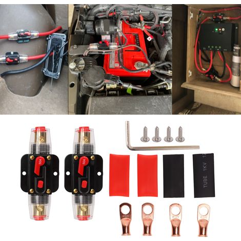 Disjoncteur audio de voiture en ligne 12-24V en 2 pièces avec porte-fusible à réarmement manuel, languettes de connexion et gaine thermorétractable, pour systèmes audio de voiture et de bateau, 50A. (1/5)