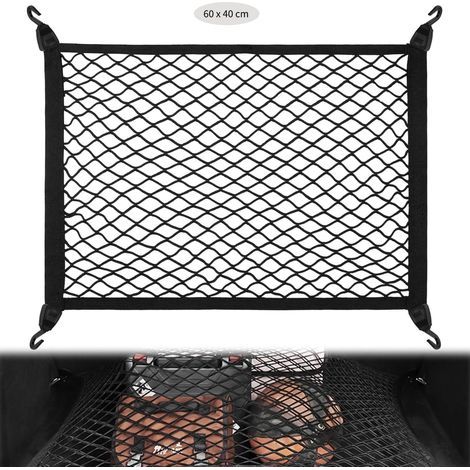 Rete per bagagliaio auto con 4 ganci di rinforzo robusti, rete elastica per bagagliaio auto 60 x 40 cm estensibile fino a 160 x 120 cm, adatta alla maggior parte delle auto e furgoni (1/5)