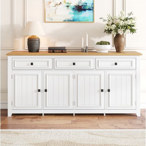 Aparador 160x35x76 cm con 3 cajones, 4 puertas y estantes ajustables, blanco (1/5)