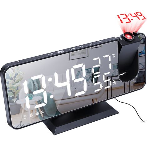Radio-réveil projecteur avec port USB, double alarme, affichage LED 12/24 h, projecteur à 180°, 4 niveaux de luminosité, idéal pour la chambre ou le bureau. (1/5)
