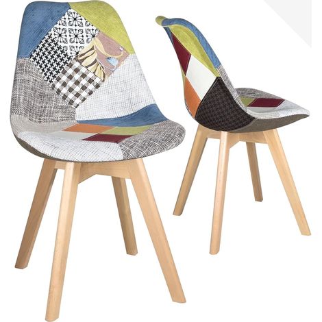 Ensemble de 2 chaises scandinaves laotiennes patchwork pour salle à manger ou cuisine (patch gris) (1/5)