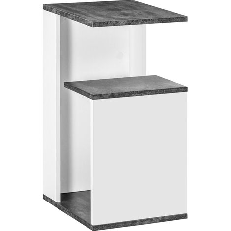 Table de chevet en aggloméré au design irrégulier avec étagère ouverte, 35 x 29,5 x 60 cm, gris et blanc
