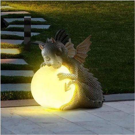 Statue dragon lumineux - Résine peinte à la main Éclairage LED - Décoration jardin et balcon - 12x15x16cm (1/4)