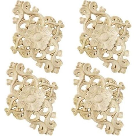 Lot de 4 décorations en bois sculpté pour meubles, mur, armoire, porte, décoration, bricolage (1/4)